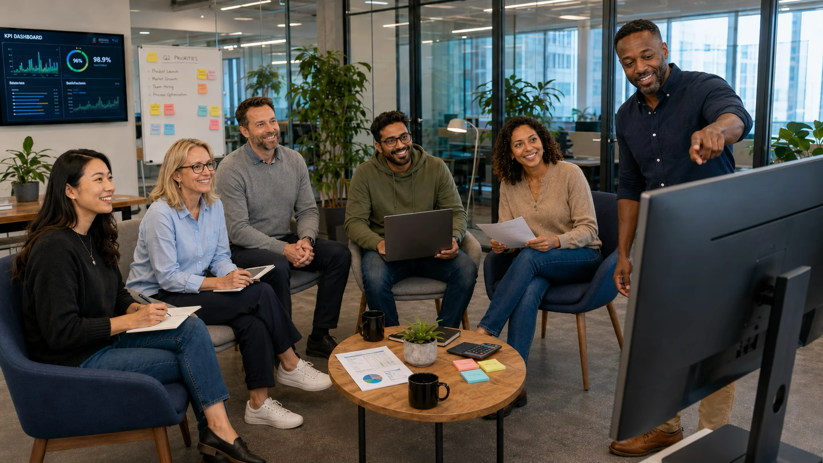 Equipo de una empresa reunido en la oficina trabajando con Pilot